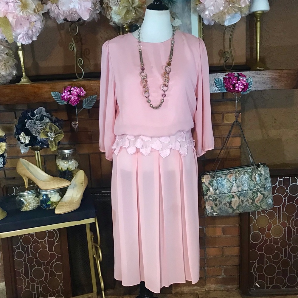 VINTAGE 1980'S PINK BLOUSON DRESS (L) - Picture 2 of 15